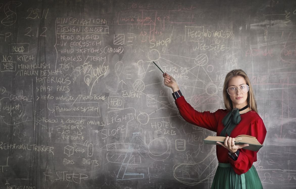 A woman holding an open book and pointing to a board of concepts, explaining how to tell if your English is B1 or B2 level