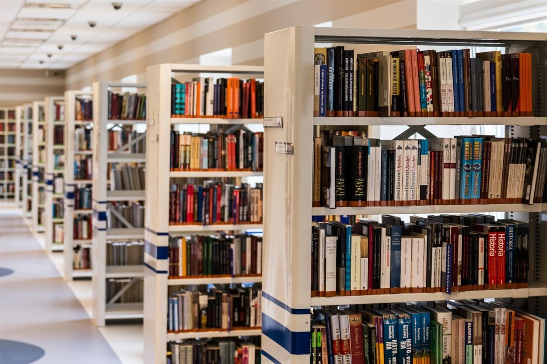 Rows of full library bookshelves stretching into the distance, standing for the range of demanding reading a C2 mastery-level English user handles with ease